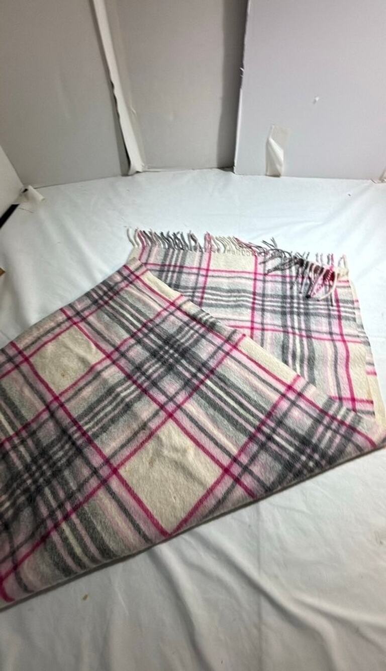 Plaid Wool Scarf with Fringe 68”x29”